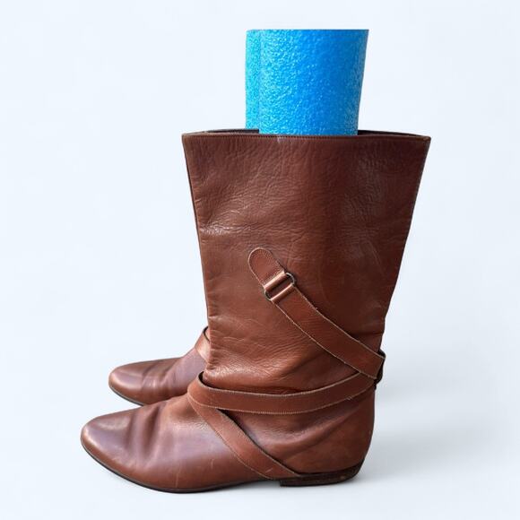 Vintage 80s Vaneli Slouchy Belted Slouchy Boots Brown Leather Women's 7.5 Boho - Picture 1 of 13